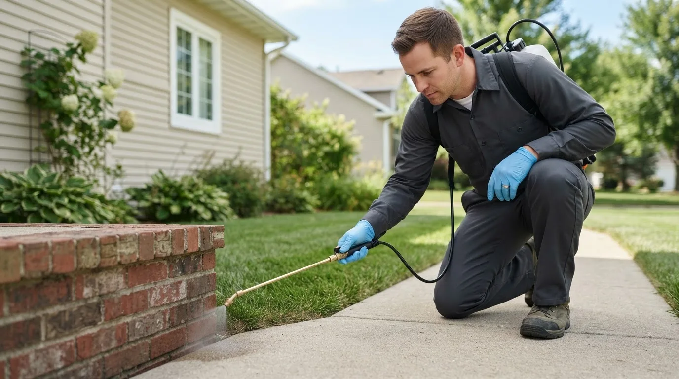 Pest control technician treating a home near South Hill, VA