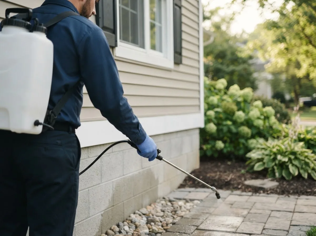 Pest control technician inspecting a home in South Hill, VA